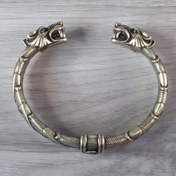 Silver Wolf Head Viking Norse Knotwork Cuff Bangle Bracelet - Picture 9 of 12